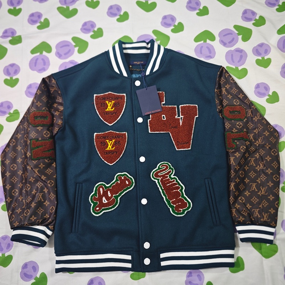 Louis Vuitton Navy Wool Varsity Jacket with Monogram Brown Sleeves